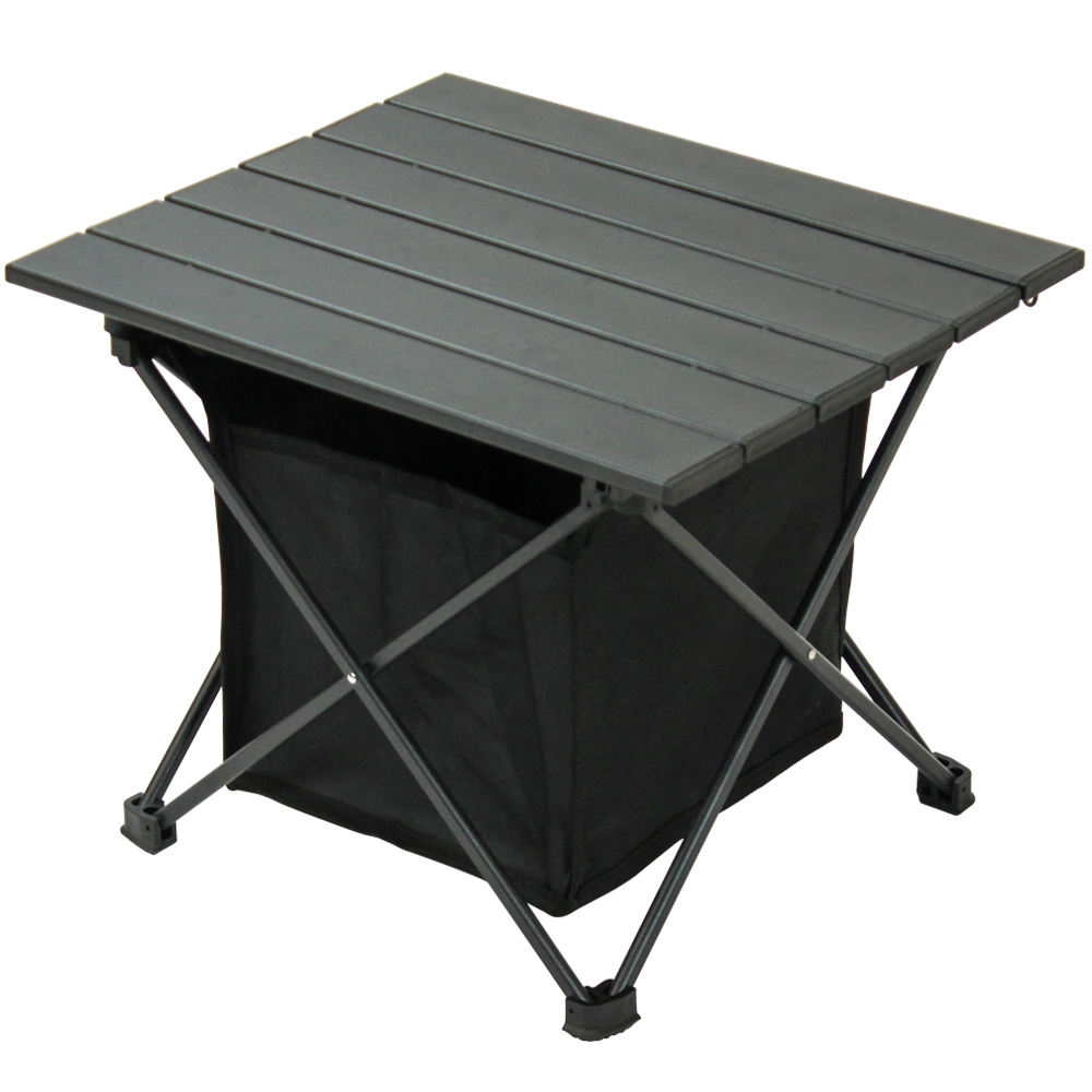 A foldable egg roll table with a storage basket at the bottom