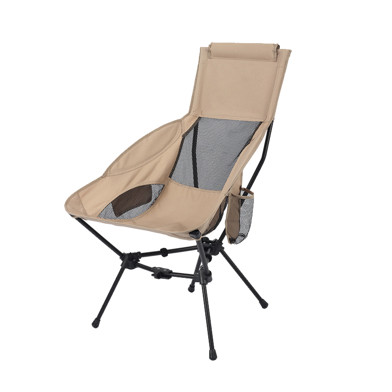 A space chair with a raised tripod, breathable mesh and side pockets